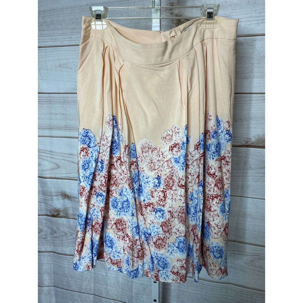 Dalia Collection Women's 10 Tan Blue Floral Knee Length Skirt
